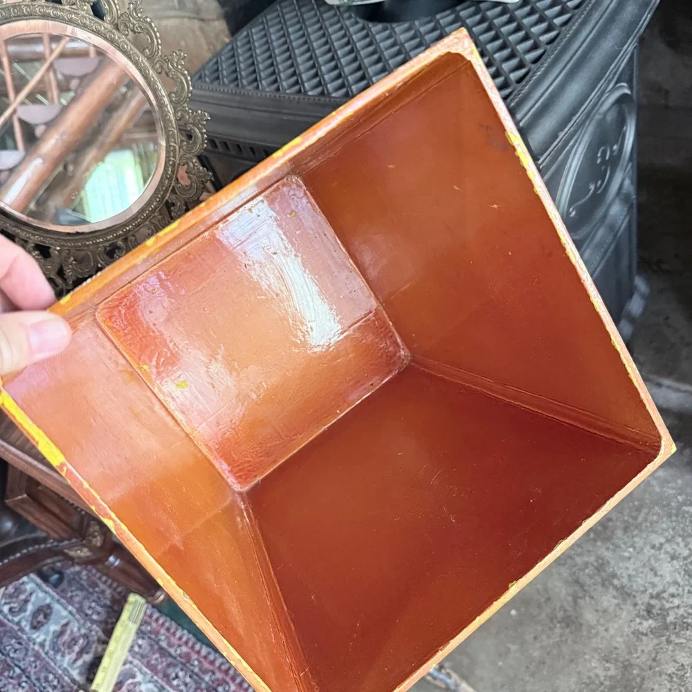 Vintage Hand Painted Wooden Wastebasket - Amber Folk Art Leaf Vine Trash Can